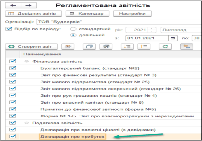 Вибір Декларації про прибуток у BAS Бухгалтерія