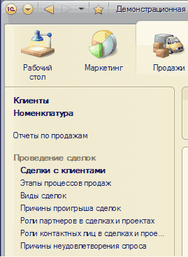 Демонстрационная а Рабочий Маркетинг Пр стол Кгиенты Но мен кгв тура Отметь по продажам Проведение сделок Сделки с клиентами Этапь процессов продаж Виды еде го к Причины проигрыша сдегок Роги партнеров в сделках и проектах Роги контактных гиц в сделках и п