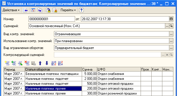 Установка контролируемых значений по бюджетам: Контролируемые значения... :38 _ Номер: Сценарий: 00000000001 от: 28.02.200713:17:38 Основной помесячный Ном. С+К Ограничивающее Вин контр, значений: Использование контр, значений: При планировании Вин огранич