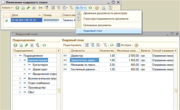 Изменения кадрового плана _ П X Ас юпз- ц х Н С? 3 х ОоТо- О ф 1 , Дата 01.04 2011 08:15:14 Номер 00000000001 Кадровый план Ответстве! Движения документа по регистрам Танемко А Структура подчиненности документа Связанные документы Кадровый план _ П X Подра