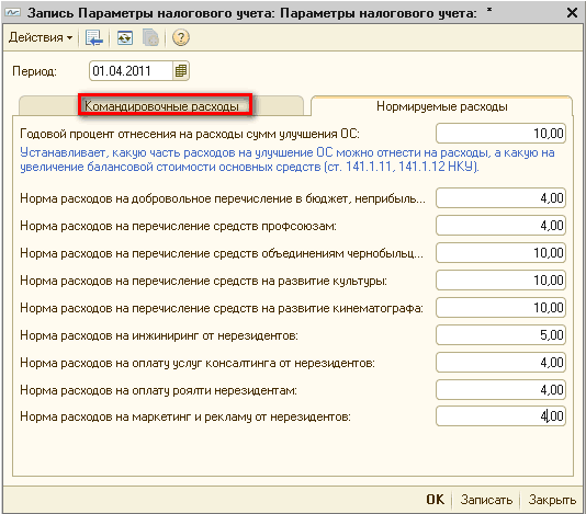 Налоговый учет нормируемых расходов. Налоговые параметры. Вид нормируемых расходов 1с.