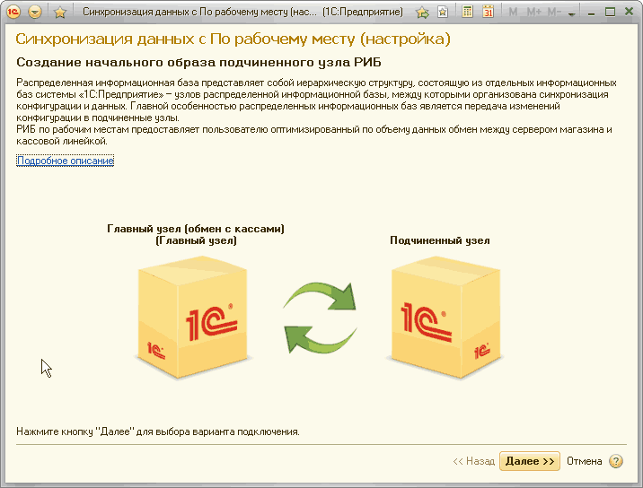 Синхронизация данных с П о рабочему месту нас... 1 С: П редприятие П X Синхронизация данных с По рабочему месту настройка Создание начального образа подчиненного узла РИБ Распределенная информационная база представляет собой иерархическую структуру, состоя