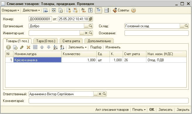 П Списание товаров: Товары, продукция. Проведен _ П X Операция Дейстеия - [_ ! Дт 1 1 Кт Советы ' ; Номер: Организация: Инвентар-ция: ДО000000001 от: 25.05.201210:41:13 і Добро Склад: Г оловний склад. ..А X Q Основание: Товары 1 поз. Тара 0 поз. Счета