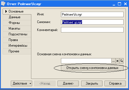 Отчет РейтингУсяуг _ п : 1 1 к Пгипсиию Г іуиі Данные Имя: Синоним: РейтингУ слуг Формы Макеты Комментарий: Подсистемы Праеа Интерфейсы Прочее Основная схема компоновки данных: . .. X С1 С Открыть схему компоновки данных Действия Ў Назаа Далее Закрыть Спра