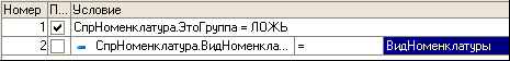 Номер П... Условие 1 0 СпрНоменклатура.ЗтоГ руппа = ЛОЖЬ 2 - СпрНоменклагура.ВиаНоменкла... = В иаН оменклатуры