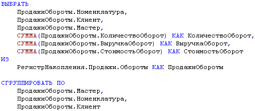 ВЫБРАТЬ ПродажиОбороты.Номенклатура, ПродажиОбороты.Клиент, ПродажиОбороты.Мастер, СУММА ПродажиОбороты.КоличествоОборот КАК КоличествоОборот, СУММА ПродажиОбороты.ВыручкаОборот КАК ВыручкаОборот, СУММА ПродажиОбороты.СтоимостьОборот КАК СтоимостьОборот ИЗ