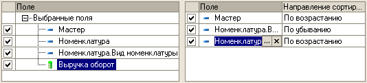 Поле - Выбранные поля 0 . ....— Мастер 0 . ....- Номенклатура 0 . ....- Н оменклатура. В иа номенклатуры 0 . ....1 Выручка оборот Поле Направление сортир... 0 — Мастер По возрастанию 0 - Номенклатура. В... По убыванию 0 3 Н 0 м е Н К Л 8Т у Р И По возраст