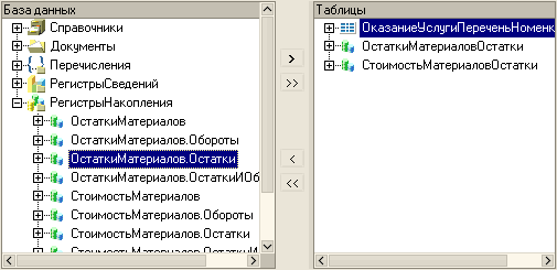 База данных / ч [+1-Д1 Справочники Ш Документы Перечисления В- РегистрыСведений РегистрыНакопления Й-! ОстаткиМатериалов Й-! ОстаткиМатериалов.Обороты И: дД 0 от ат к и М атериалов.Остат к и Й-! 0 статкиМ атериалов. 0 статкиИ 0 б ЁН СтоимостьМ атериалов Й-