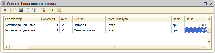 p23-8.png Список Цены номенклатуры _ П X Реєстратор Номер ря... Акти... Тип цен Номенклатура Валю... Цена А Установка цен номе... 1 V Оптовая Сахар грн 8.00 Установка цен номе... 1 V Мелкооптовая Сахар грн ЕШ Ў