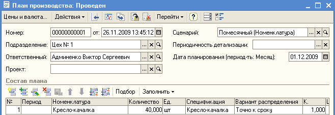 План производства: Проведен Цены и валюта... Действия Ў Перейти Ў Номер: Подразделение: Ответственный: Проект: Состав плана 00000000001 от: [26.11.2009 13:45:12 ш Цех № 1 Админенко Виктор Сергеевич... X о. Сценарий: Помесячный Номенклатура ш Периодичность