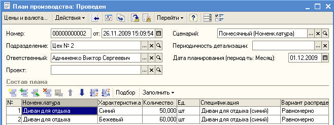 План производства: Проведен Цены и валюта... Действия Ў - П X Перейти Ў Номер: Проект: Состав плана 00000000002 от: 26.11.200915:09:54 Ш і г тл Сценарий: Периодичность детализации: Помесячный Номенклатура _[. х А г:'х: Админенко Виктор Сергеевич... х Дата