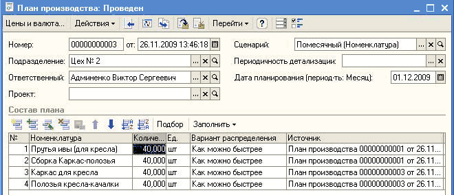 План производства: Проведен Ц ены и валюта... Действия Ў Перейти- —: гг Номер: 00000000003 от: 26.11.200313:46:13 Ш Сценарий: П омесячный Н оменклатура х А Подразделение: Цех № 2 Периодичность детализации: Ответственный: Проект: Состав плана Админенко Викт