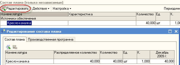 Состав плана только независимые Состав плана Производственная программа •ЕВ Номенклатура Распределяемое количество Количество Ед. К. Декабрь 2009 г. Кресло-качалка 40,000 40,000 ия 1,000 40,000