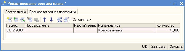 Состав плана Производственная программа -Ч К. і Шг Шл Заполнить - Период Подразделение Рабочий центр Номенклатура Количество 31.12.2009 Кресло-качалка 40,000 О К Записать Закрыть