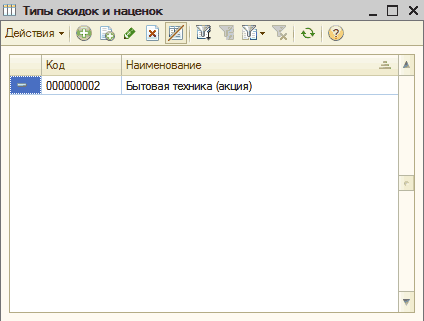 Типы скидок и наценок: Ції Типы скидок и наценок _ П X Ш Код Наименование 000000002 Бытовая техника акция