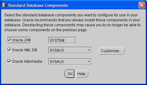 8 : Standard Database Components Select the standard database components you want to configure for use in your database. Oracle recommends thatyou always install these components in your database. Deselecting these components may cause you to no longer be 