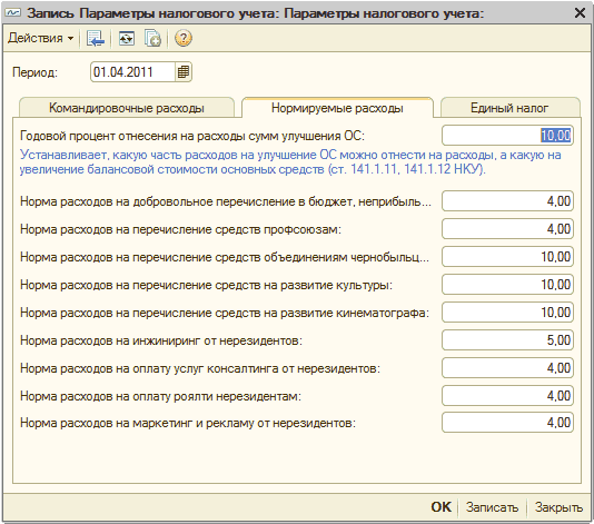 Параметры налогового учета
Закладка Нормируемые расходы: Ёс Запись Параметры налогового учета: Параметры налогового учета: X Действия Ў [ 1 Ни Период: 01.04.2011 Командировочные расходы Нормируемые расходы Единый налог I Годовой процент отнесения на расходы сумм улучшения ОС: Устанавливает, какую часть расходов