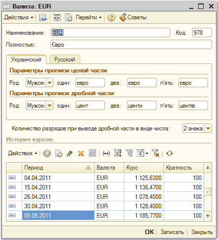 История курсов: Ііи Валюта: БІІИ _ П X Действия - Щ Перейти - 2 Советы Наименование: № Полностью: Код: 978 Свро Украинский Русский Параметры прописи целой части один Род: Мужск евро два: евро Параметры прописи дробной части один: Род: Мужск цент два: центи пять: пять: евр