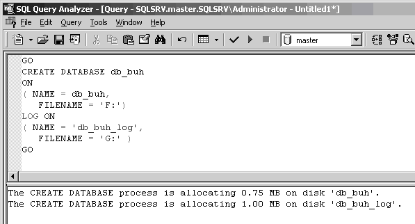  : r% SQL Query Analyzer - [Query - SQLSRV.master.SQLSRV/Administrator - Untitledl ]  File Edit Query lools Window Help % m  GO CREATE DATABASE db_buh ON NAME = db_buh, FILENAME = 'F :' LOG ON NAME = 1 cib_buh_log', FILENAME = 'G:' / u master 6 GO 4 I The C