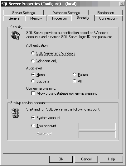   : SQL Server Properties Configure - local x] Server Sellings Database Settings Replication General Memory j Processor Security Connections -Security SQL Server provides authentication based on Windows accounts and a named SQL Server login ID and password. Au