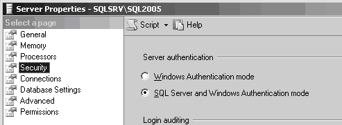 Режим проверки подлинности Режим проверки подлинности: S Server Properties - SQLSRV/SQL2005 Select a page General Memory Processors Security fp Connections Database Settings Advanced Permissions 3 Script Help Server authentication r Windows Authentication mode S Q L S erver and Windows Authentication mode Logi