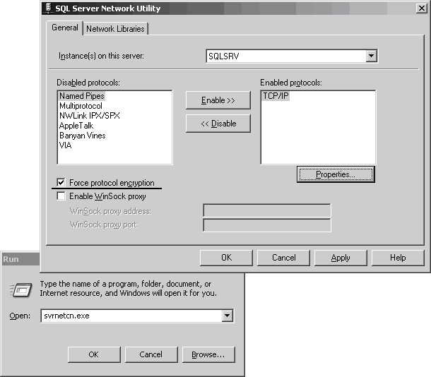 Настройка протокола клиента Настройка протокола клиента: B SQL Server Network Utility XJ General Network Libraries Instance s on this server: Disabled protocols: W Force protocol encryption Enable WinSock proxy WinSock proxy address: WinSock proxy port: SQLSRV ~3 Enabled protocols: Named Pipes TCP/IP Multiprotoc