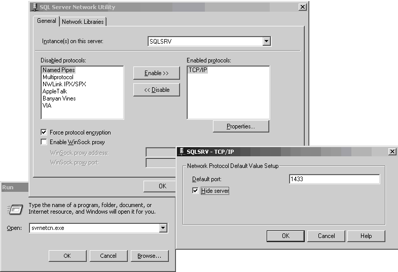 Скрытие сервера Скрытие сервера: SQL Server Network Utility xj General Network Libraries Instance s on this server: Disabled protocols: Named Pipes Multiprotocol NWLink IPX/SRK AppleT alk Banyan Vines VIA W Force protocol encryption r Enable WinSock proxy WinSock proxy address: WinSock pr