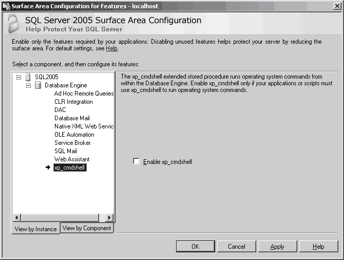 доступ к командной строке доступ к командной строке: Surface Area Configuration for Features - localhost xj SQL Server 2005 Surface Area Configuration Help Protect Your SQL Server Enable only the features required by your applications. Disabling unused features helps protect your server by reducing the surfa