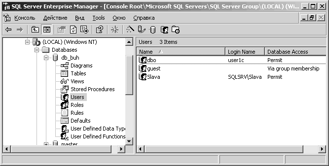 Пользователи баз данных Пользователи баз данных: Tri SQL Server Enterprise Manager - [Console Root/Microsoft SQL Servers/SQL Server Group/ LOCAL Консоль Действие Вид Tools Окно Справка jnjxj Ф Ч Й 00 of :Ь vS И Й B 6 LOCAL Windows NT 3 FI-lSl Databases S 0 db_buh ? Kg Diagrams ~1 Tables { Views Stored Pr