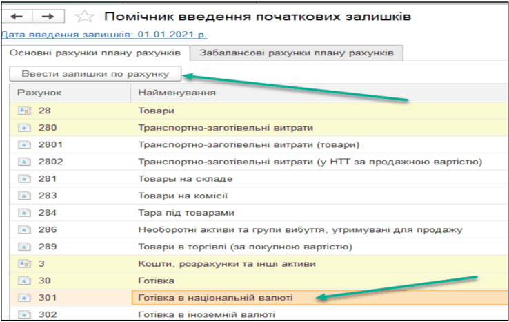 Введення залишків по рахунку 301