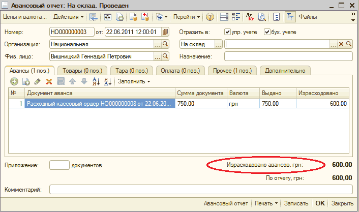Авансовый отчет: П АвансовьЛ отчет: На склад. Проведен _ П X Цены и валюта... Действия Ў Щ С '! -г Перейти Ў ДКт ІЗ Ш Ту' Файлы Номер: Организация: Физ. лицо: НОООООООООЗ от: 22.06.2011 12:00:01 Отразить в: упр. учете бух. учете Национальная Вишницкий Геннадий Петрович На