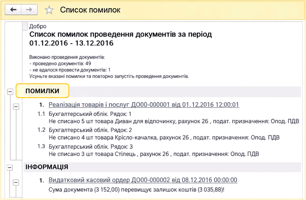 Список помилок проведення документів із повідомленнями про несписання товарів та інформаційним повідомленням