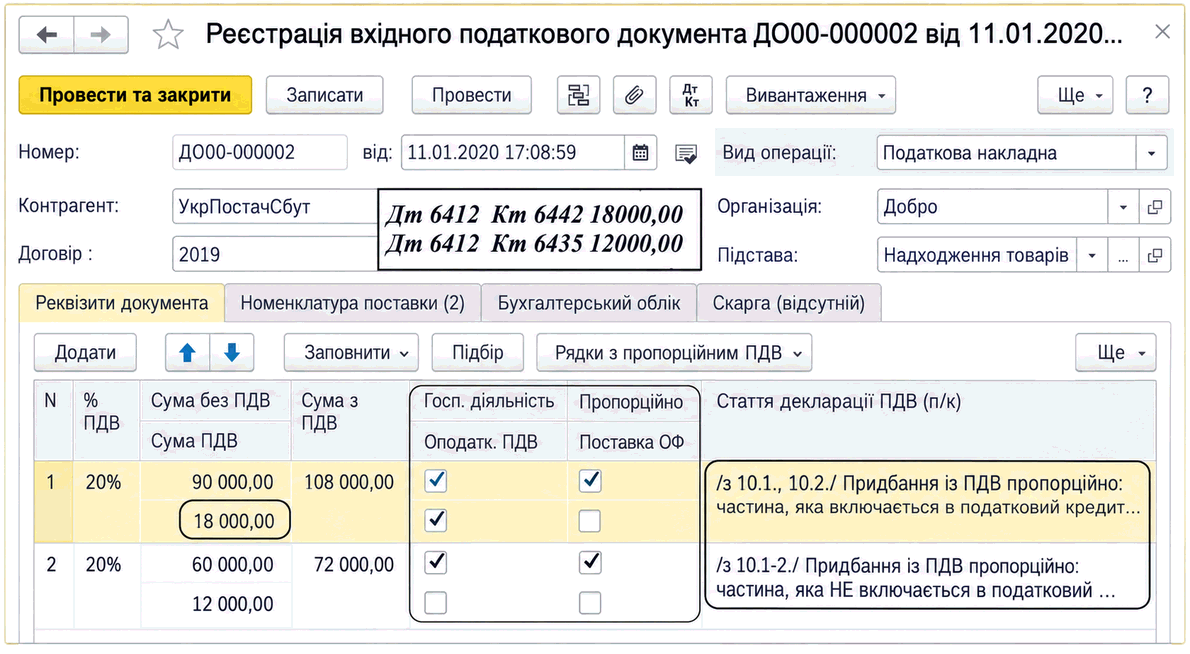 Реєстрація пропорційного ПДВ у РВПД з рядками для податкового кредиту