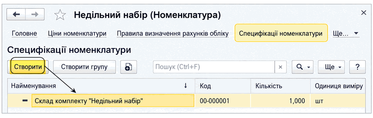 Список специфікацій номенклатури в картці комплекту з назвою, кодом, кількістю та одиницею виміру