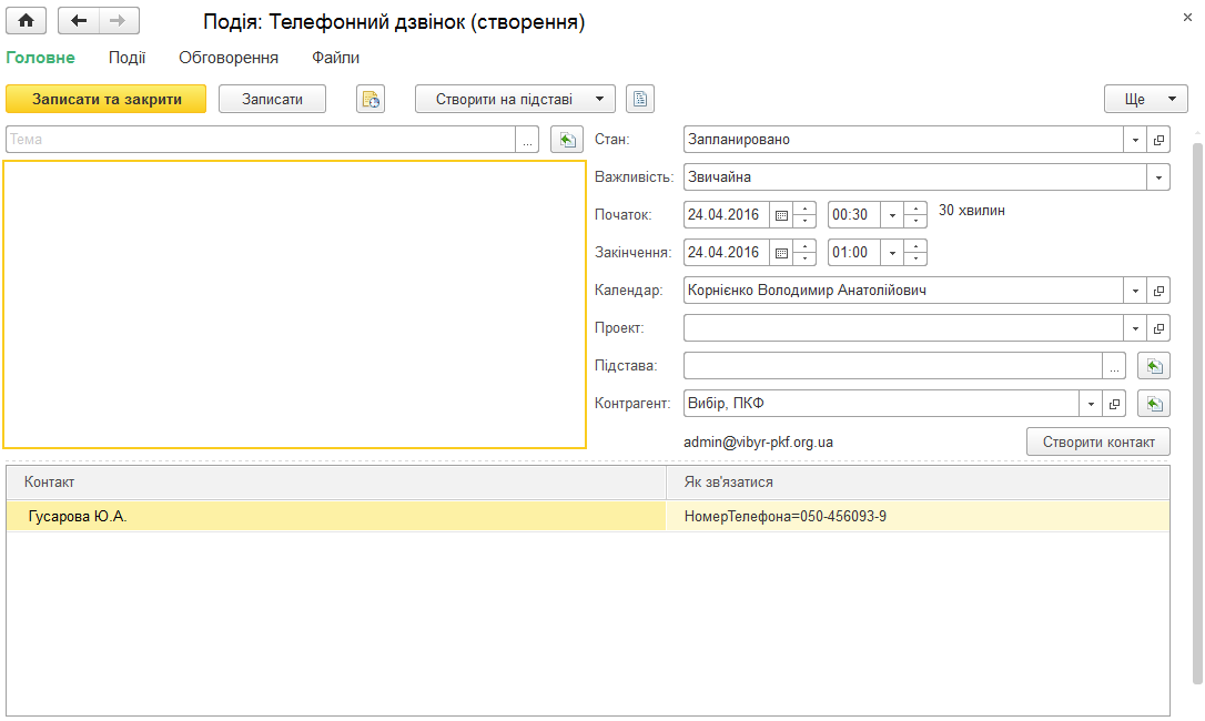Форма документа Подія