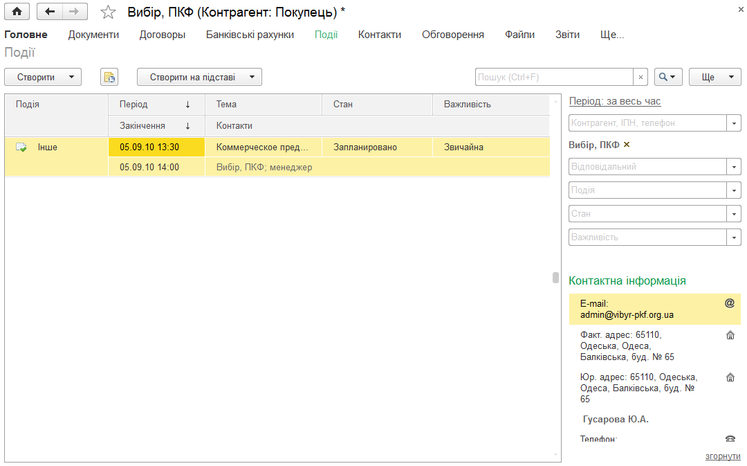 Історія подій контрагента