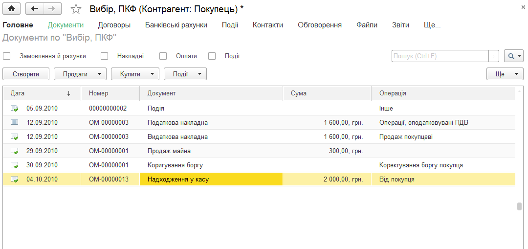 Список документів по контрагенту