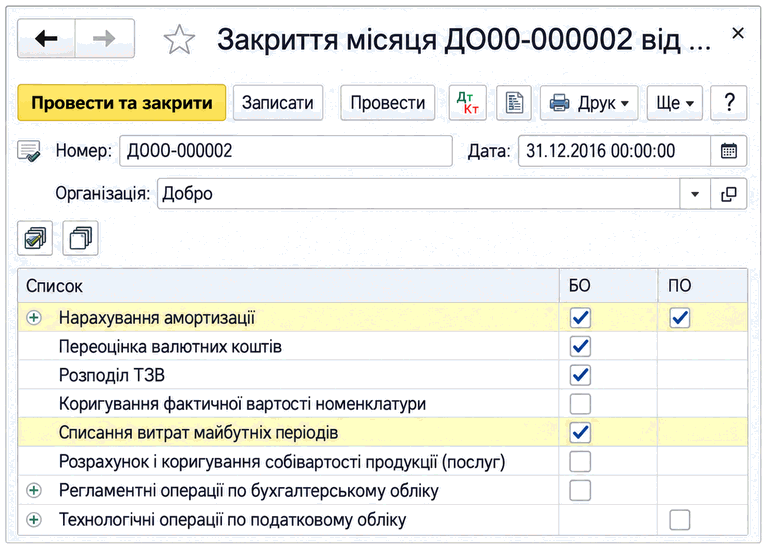Форма документа «Закриття місяця» зі списком регламентних процедур і кнопками проведення