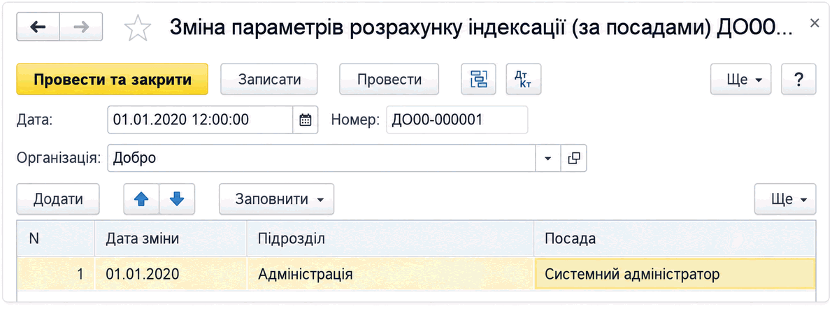 Документ «Зміна параметрів розрахунку індексації (за посадами)» із полями дати зміни, підрозділу та посади