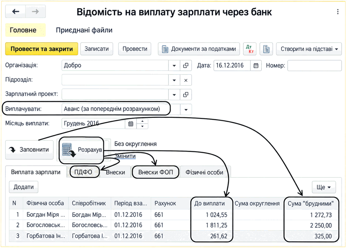 Відомість на виплату зарплати через банк з видом виплати «Аванс за попереднім розрахунком»