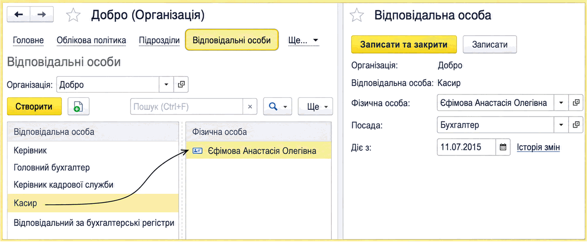 Форма відповідальної особи «Касир» із вибором фізичної особи, посади та дати початку дії