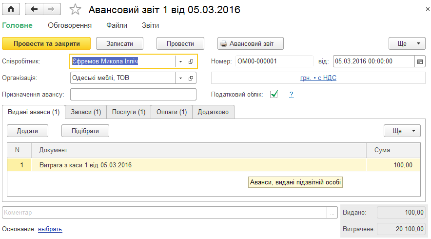 Форма документа Авансовий звіт