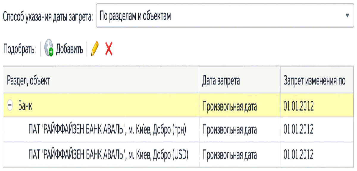 Настройка даты запрета изменений способом «По разделам и объектам» с банковскими счетами организации