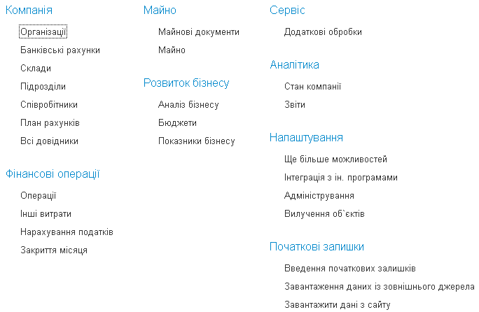 Документи для введення початкових залишків у розділі Компанія