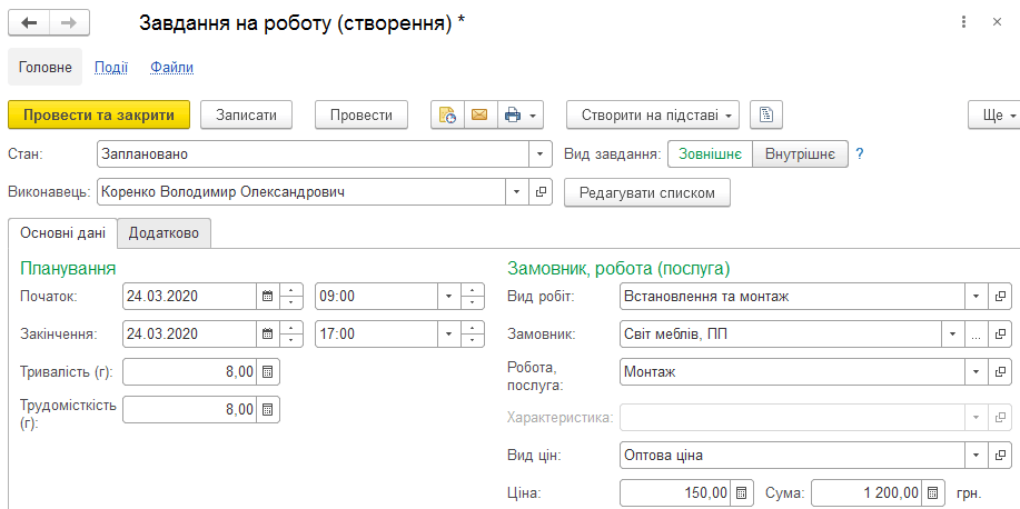 Форма документа Завдання на роботу