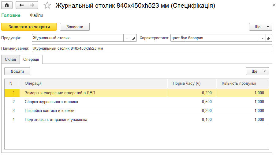 Закладка Операції у специфікації
