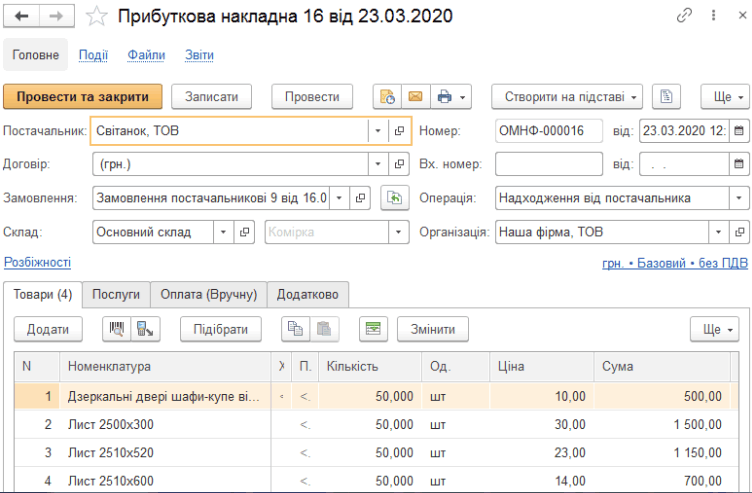 Форма документа Прибуткова накладна
