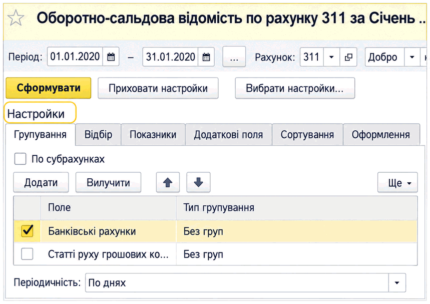 Налаштування звіту з параметром періодичності «По днях» на вкладці «Групування»