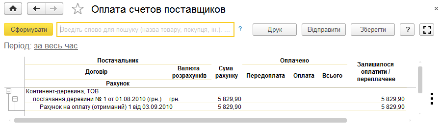 Звіт Оплата рахунків постачальників