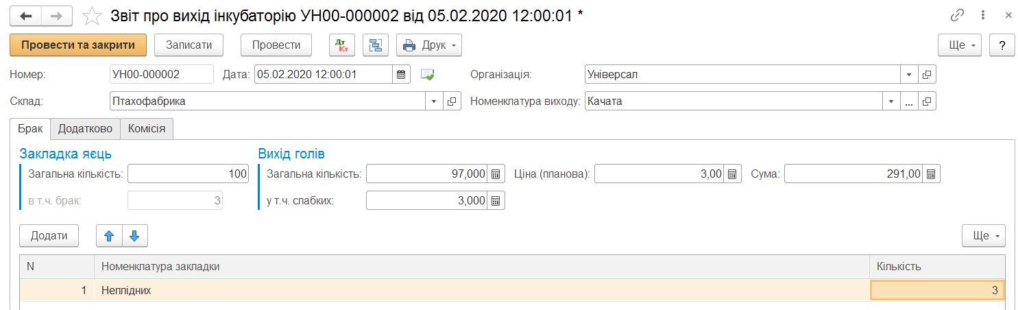 Реквизиты документа «Отчет о выходе инкубатория»